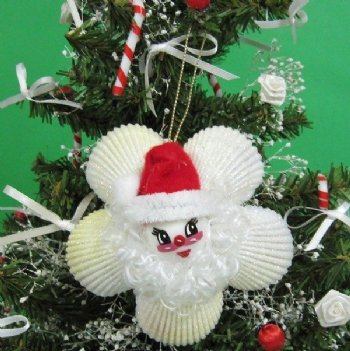 3-1/4 inches Santa Seashell Ornaments in a Cockle Shell Wreath Design Centered with a Santa Face  -  5 @ $3.30 each