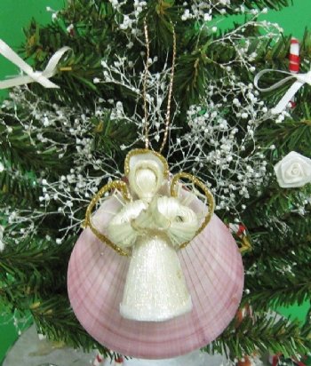 3-1/2 inches  Moon Shell Decorated with a Straw Angel Christmas Tree Ornaments - 10 @ $3.30 each