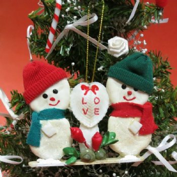 4 inches Pair of Sea Cookies Snowman Seashell Ornament with heart shell and word "LOVE - Bulk Pack of 10 @ <font color=red>$2.80</font> each