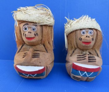 10 inches Painted and Carved Coconut Monkey Playing Drums and Wearing a Straw Hat - 2 @ $6.00 each; 6 @ $5.60 each