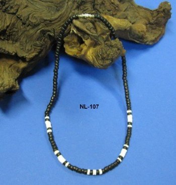 18 inches Black and White Coconut and Puka Shells Necklaces for Sale - Packed 12 @ $1.45 each