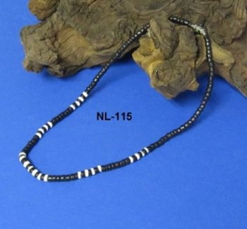 18 inches Black Coconut Beads with White Puka Shells Necklaces for Sale - Pack of 12 @ $1.30 each