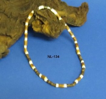 18 inches White Puka Shells with Brown and Tan Coconut Beads Necklaces for Sale - Pack of 12 @ $1.95 each