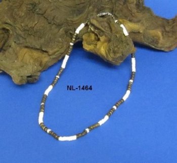 18 inches White Puka Shells with Brown Coconut Beads Necklaces <FONT COLOR=RED> Wholesale </font> - 6 dozen @ $15.60 a dozen