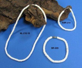 White Clam Shell Beads Necklaces, White Puka Shell Necklaces for Sale in bulk - 18 inches $36.60 a dozen; 20 inches $40.20 a dozen