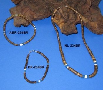 18 inches Brown Coconut Beads Necklaces with Blue Beads and Clam Shell Beads <FONT COLOR=RED> Wholesale</font> - 8 dozen @ $12.60 a dozen