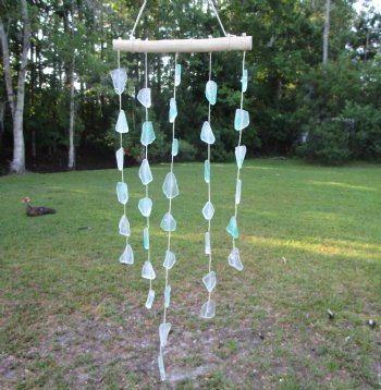 21 inches Pale Green Sea Glass Wind Chime on Driftwood, Sea Glass Wall Decor - 5 @ $3.95 each