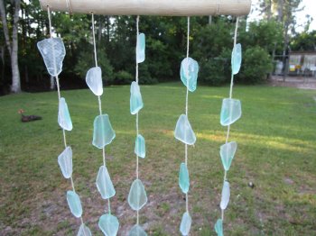 21 inches Pale Green Sea Glass Wind Chime on Driftwood, Sea Glass Wall Decor - 5 @ $3.95 each