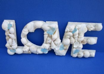 12 inches "Love" Wall Plaque Covered with White Seashells and Blue Sea Glass <font color=red> Wholesale</font> - 20 @ $4.50 each