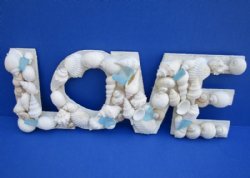 12 inches  "Love" Wall Plaque Covered with White Seashells and Blue Sea Glass - 2 @ $7.20 each