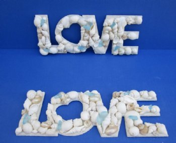 12 inches "Love" Wall Plaque Covered with White Seashells and Blue Sea Glass <font color=red> Wholesale</font> - 20 @ $4.50 each