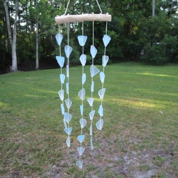 21 inches Pale Blue Sea Glass Wind Chime on Driftwood, Blue Sea Glass Wall Decor - 5 @ $3.95 each